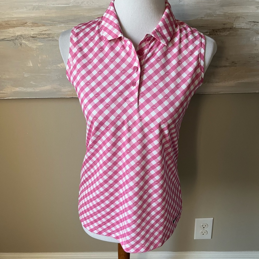 NWT Nike pink gingham dri fit sleeveless athletic polo